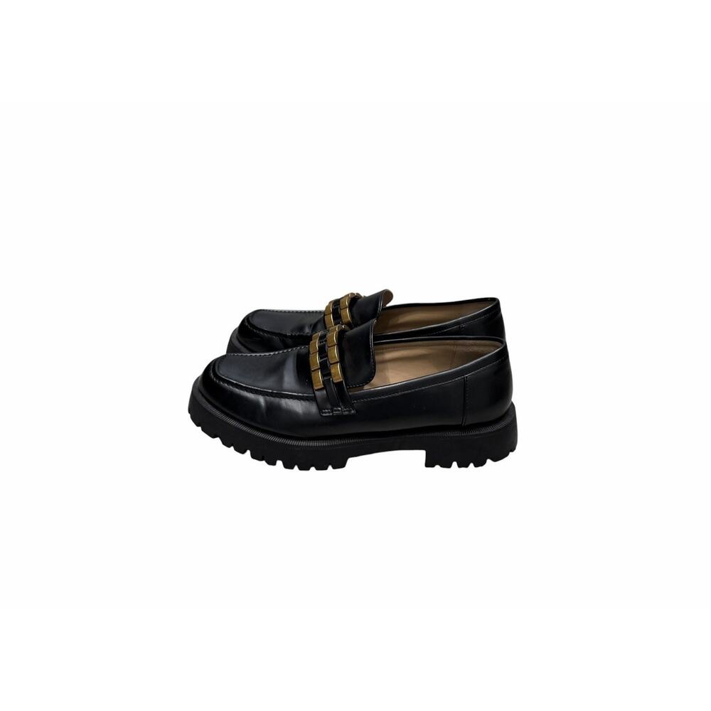 Zara Black Patent Faux Leather Chunky Loafers SZ 40 Gold Chain Punk Y2K - Picture 7 of 13
